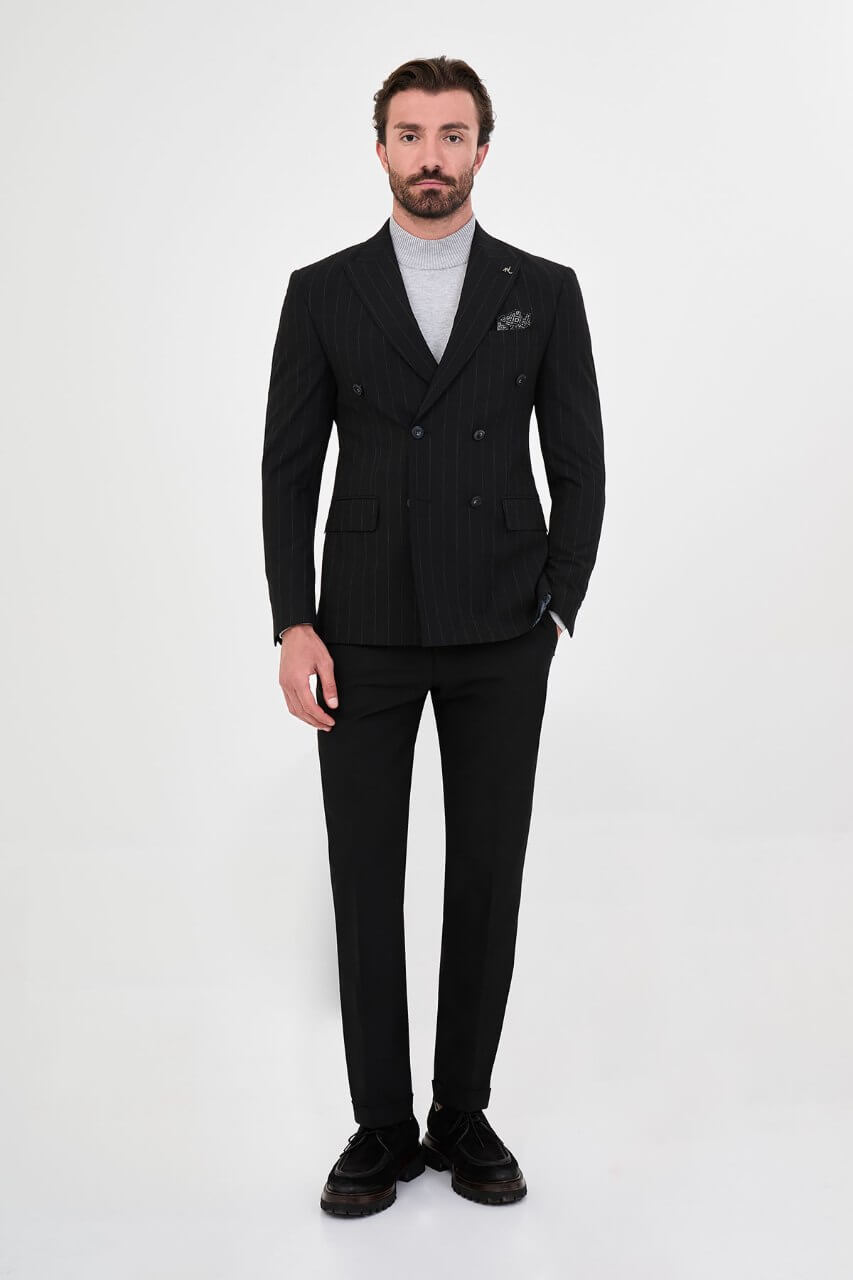 HolloMen men's black pinstripe double-breasted suit with peak lapels, six-button jacket, flap pockets, and patterned pocket square.