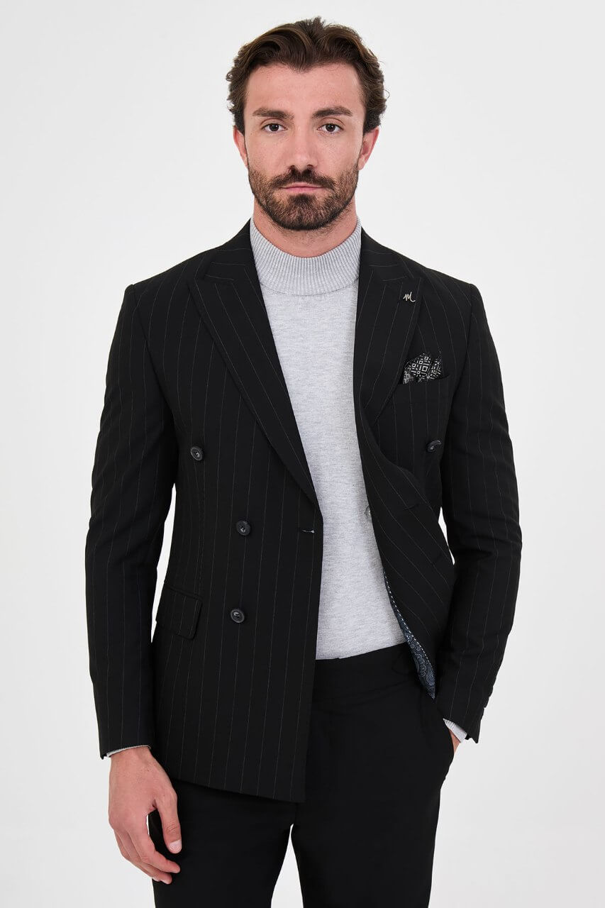 HolloMen men's black pinstripe double-breasted suit with peak lapels, six-button jacket, flap pockets, and patterned pocket square.