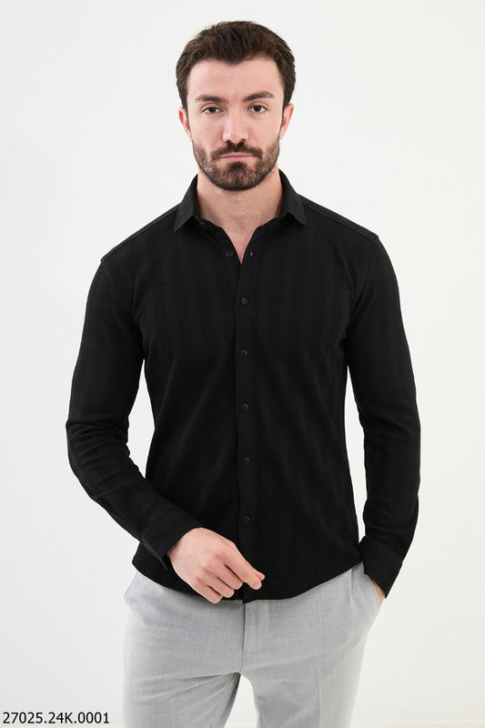 Men's Black Striped Textured Shirt.
