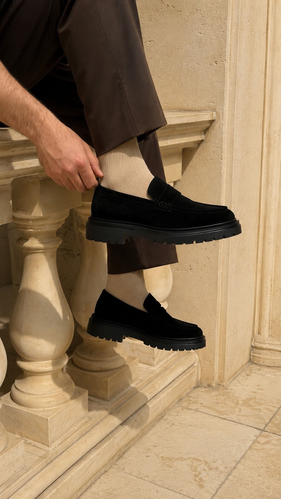 Black suede loafer for men, top view of suede vamp