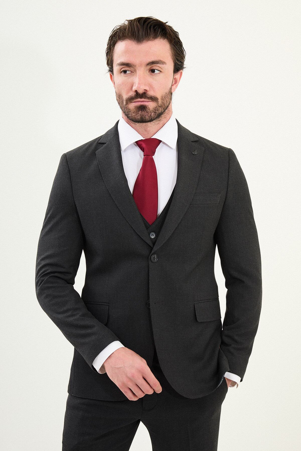 Men's Formal Black Slim-Fit Three-Piece Wool-Blend Suit. HolloMen Men's Formal Black Slim-Fit Three-Piece Wool-Blend Suit. HolloMen