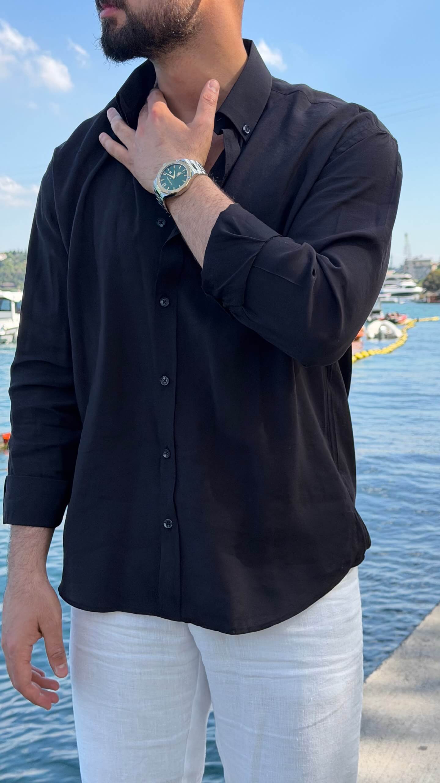 Black vertical-striped men's shirt in relaxed oversized fit, front view