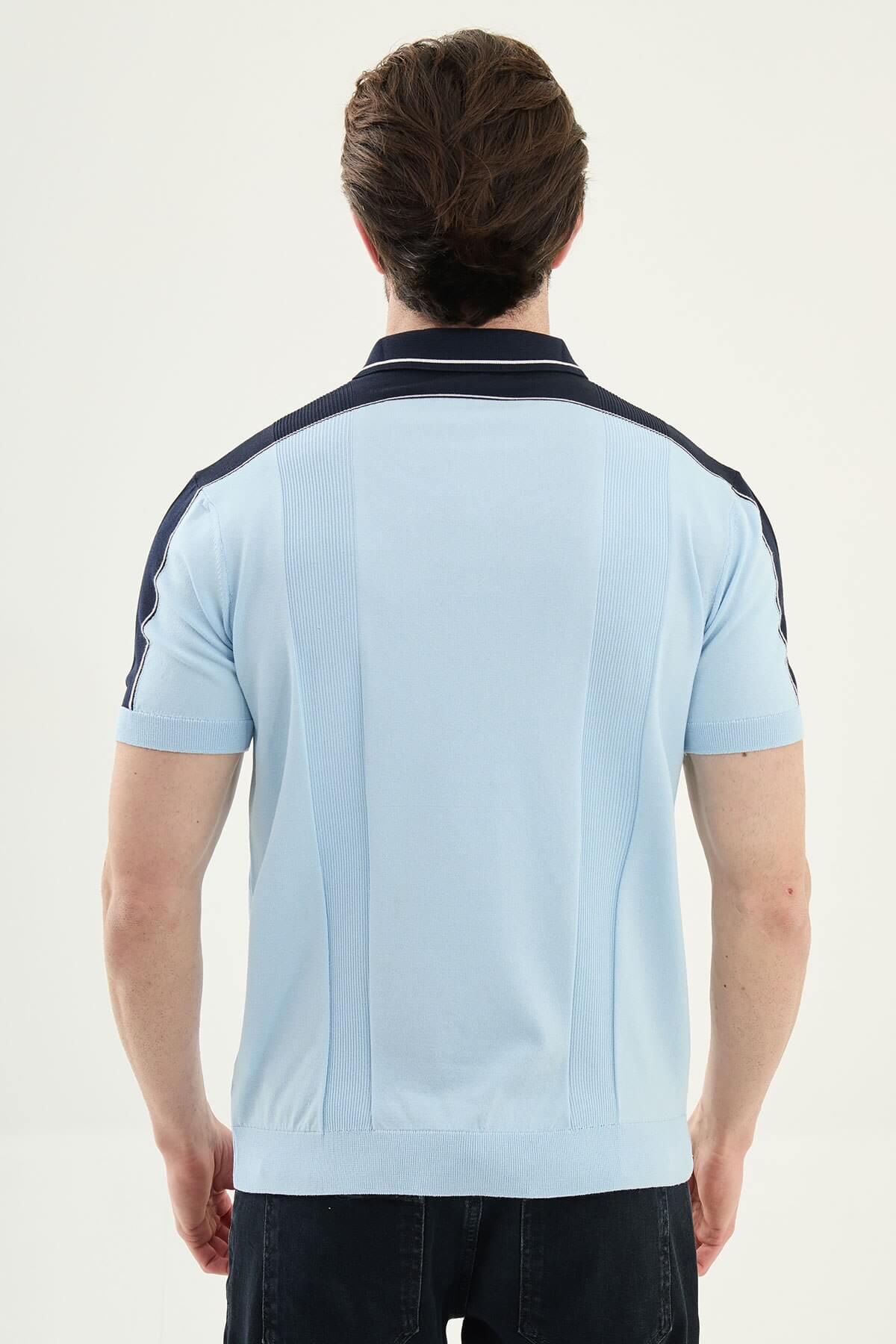 Men’s blue slim-fit knit polo shirt with classic collar, short sleeves, and textured knit finish for summer smart-casual style.