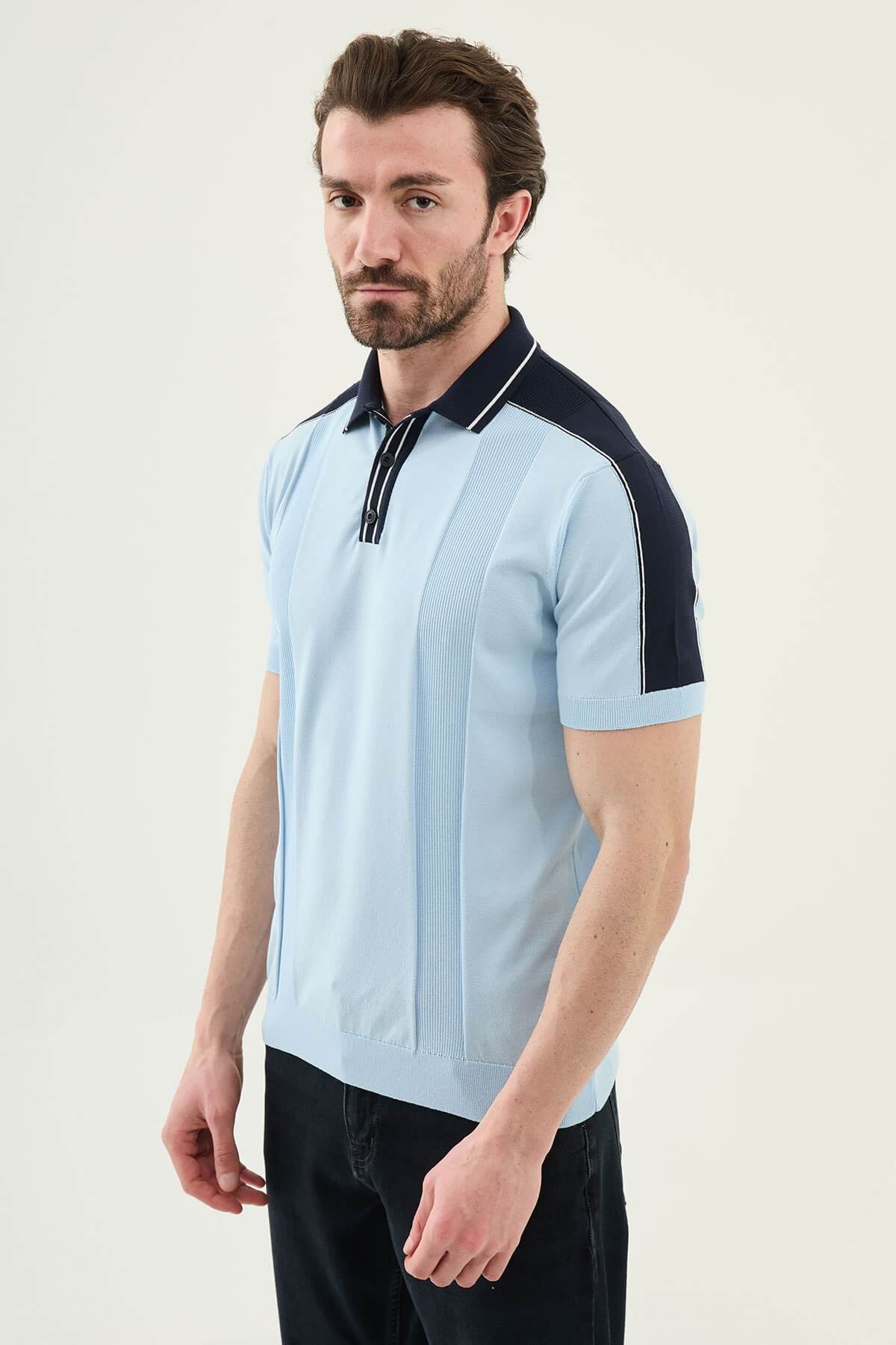Men’s blue slim-fit knit polo shirt with classic collar, short sleeves, and textured knit finish for summer smart-casual style.