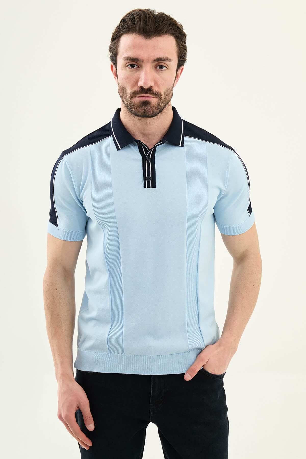 Men’s blue slim-fit knit polo shirt with classic collar, short sleeves, and textured knit finish for summer smart-casual style.
