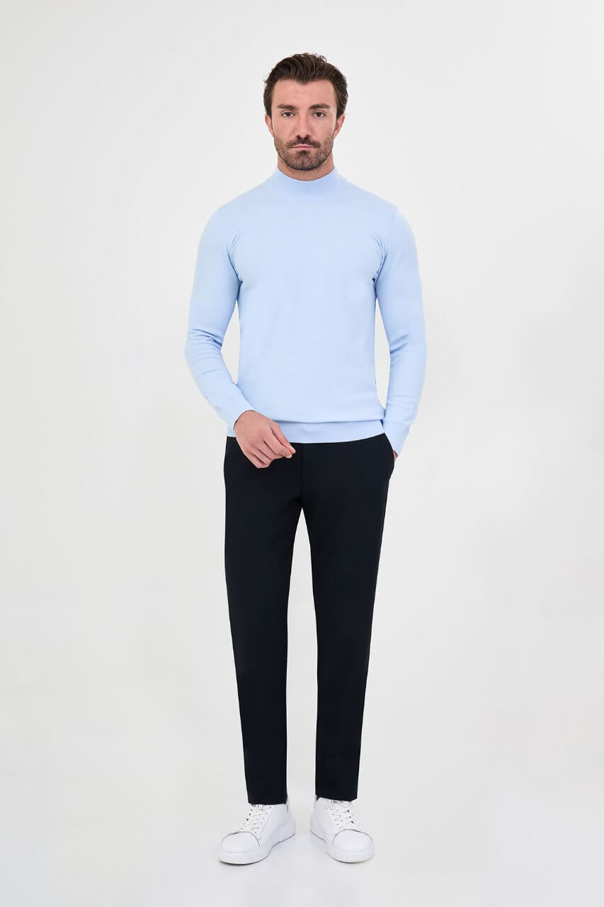 Men's blue mock neck cashmere blend knit sweater slim fit fall winter menswear
