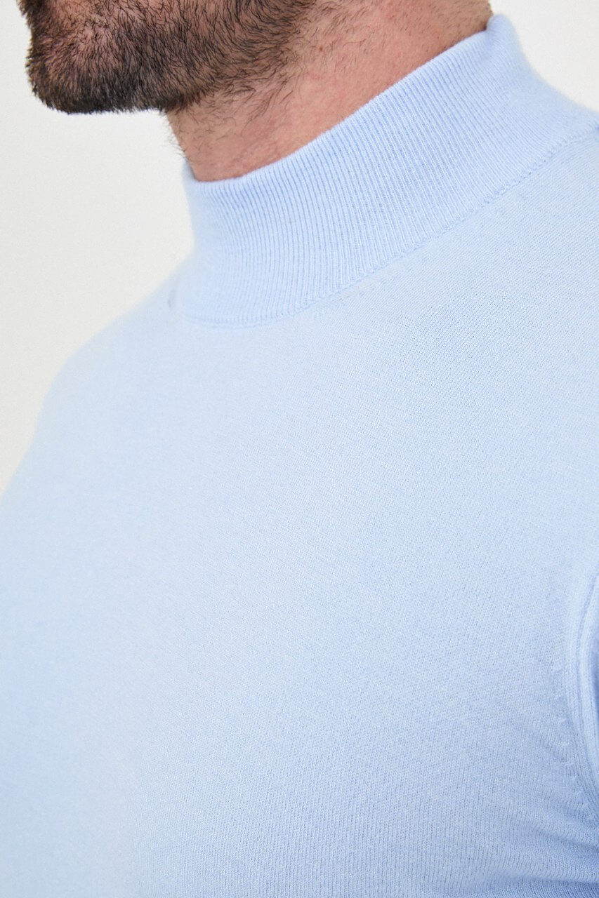 Men's blue mock neck cashmere blend knit sweater slim fit fall winter menswear