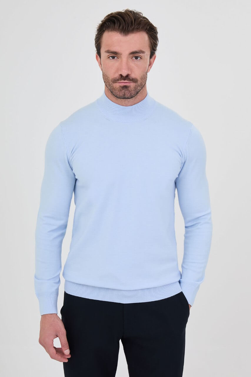 Men's blue mock neck cashmere blend knit sweater slim fit fall winter menswear