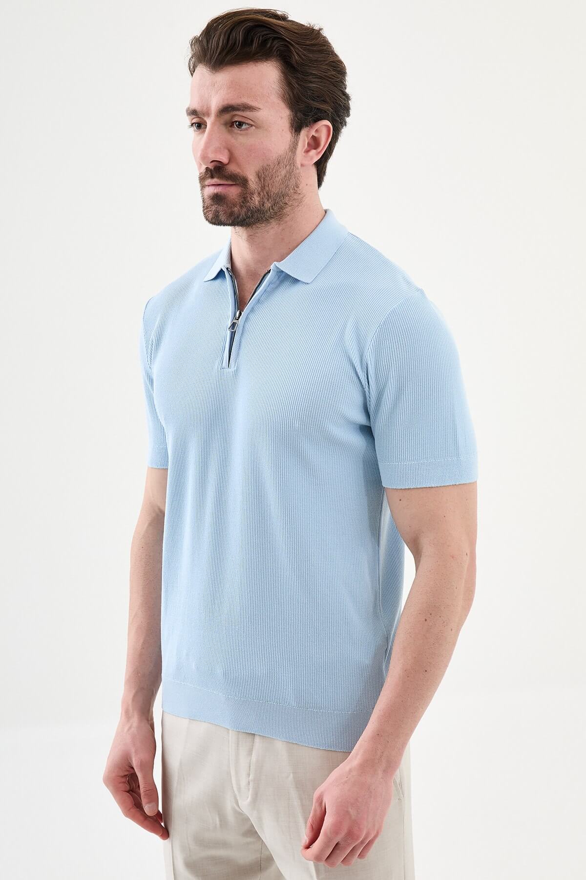 Men’s blue slim-fit knit polo shirt with classic collar, short sleeves, and textured knit finish for summer smart-casual style.