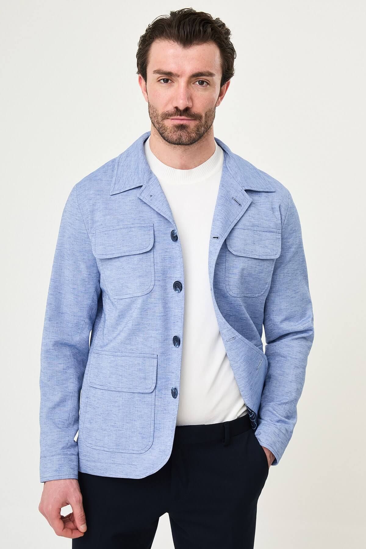 Men’s blue linen cotton slim fit utility jacket with lapel collar and flap pockets