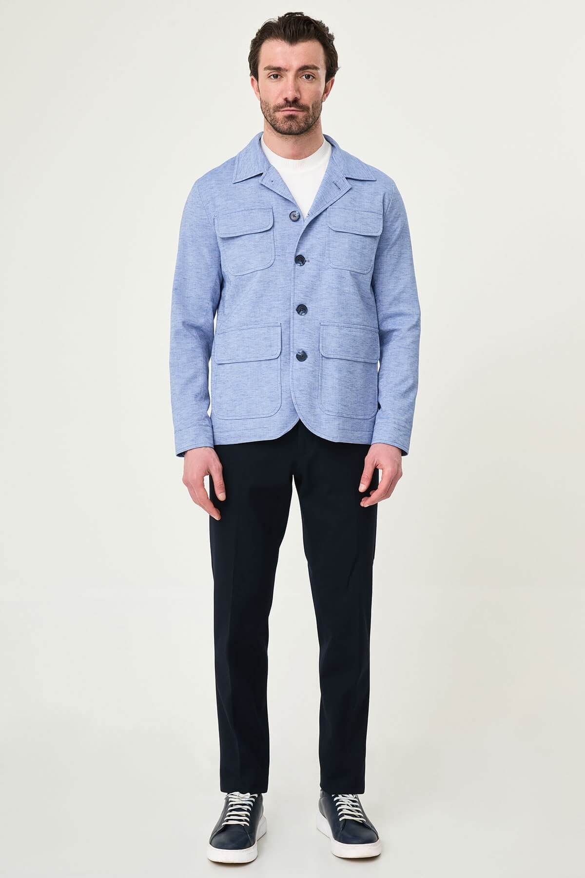 Men’s blue linen cotton slim fit utility jacket with lapel collar and flap pockets