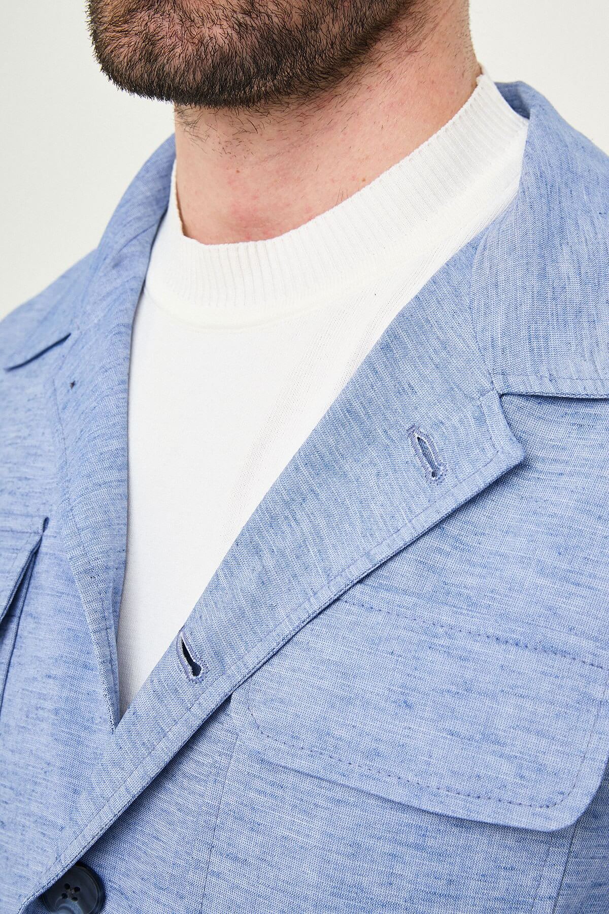 Men’s blue linen cotton slim fit utility jacket with lapel collar and flap pockets