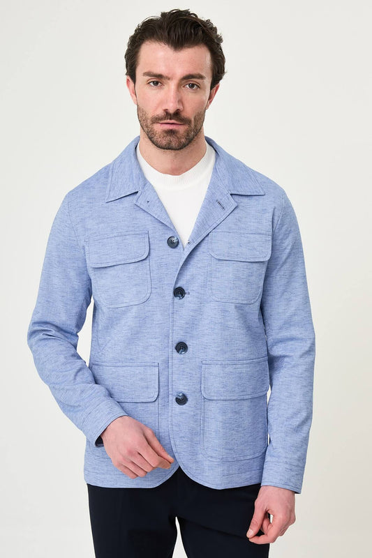 Men’s blue linen cotton slim fit utility jacket with lapel collar and flap pockets