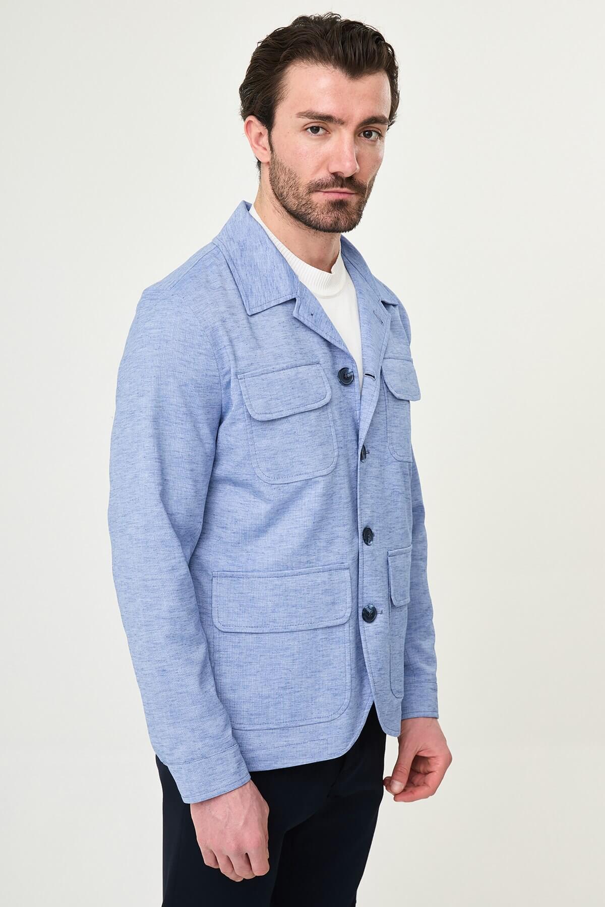 Men’s blue linen cotton slim fit utility jacket with lapel collar and flap pockets