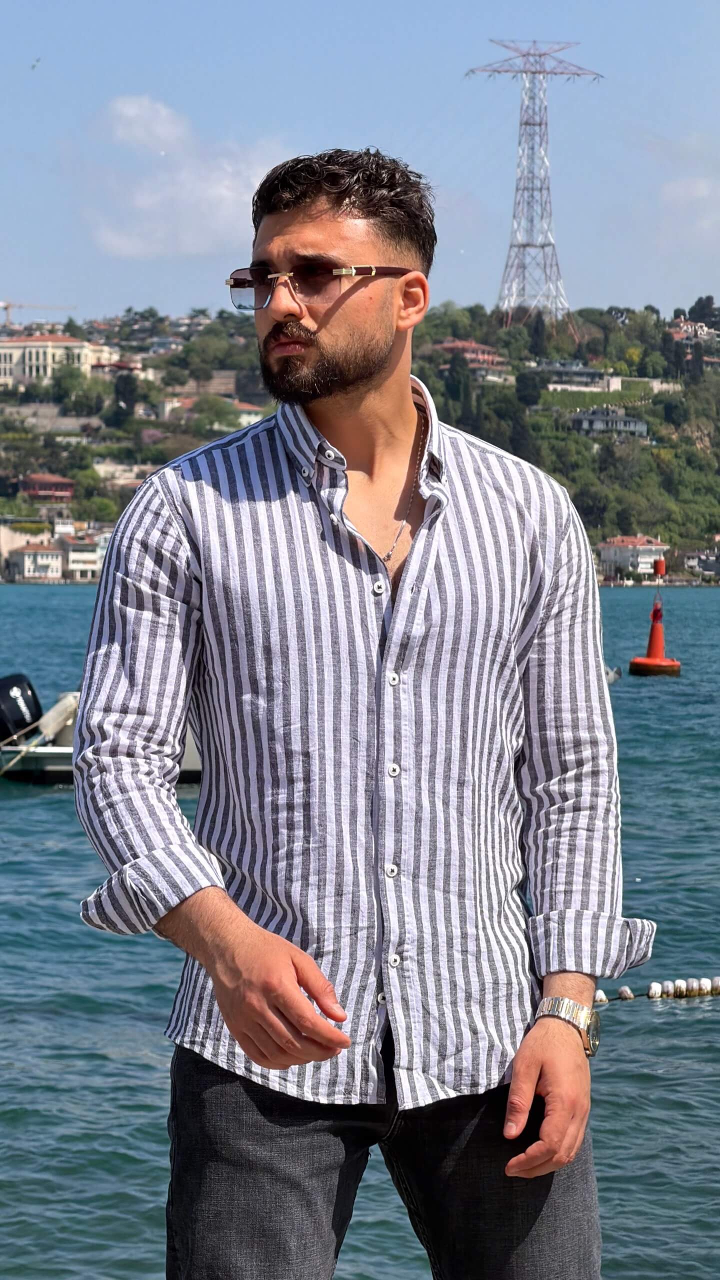 Men's blue and white striped shirt, full-length summer styling view