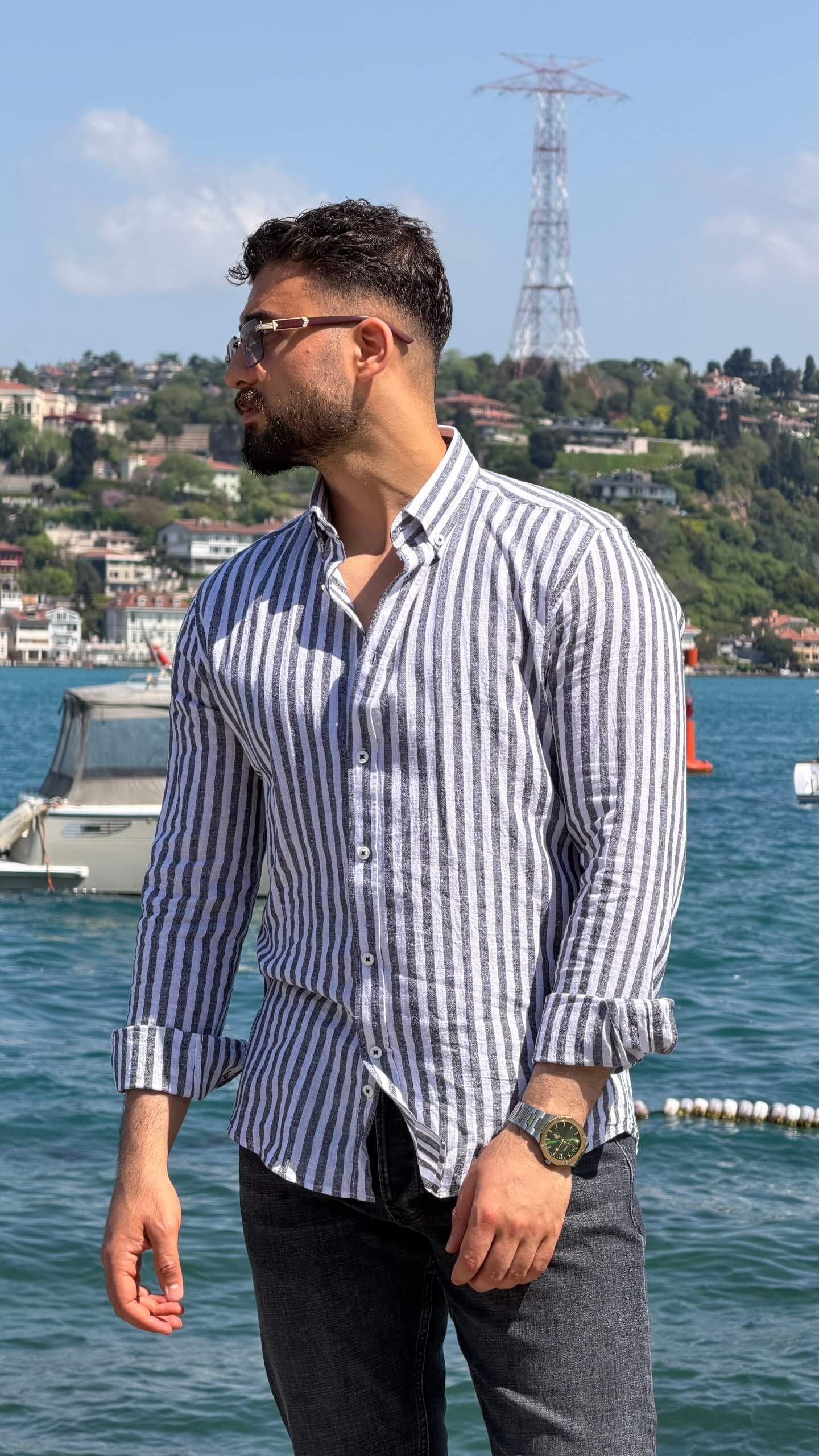 Blue and white vertical-striped men's linen-blend shirt, front view