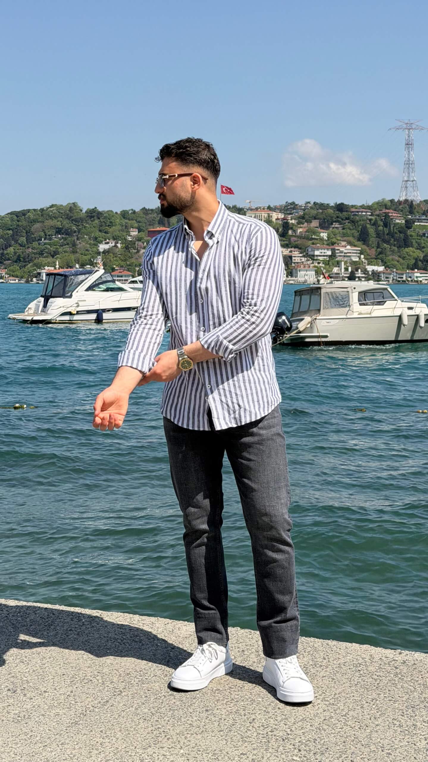 Blue and white linen-blend shirt, close-up of vertical stripe detail