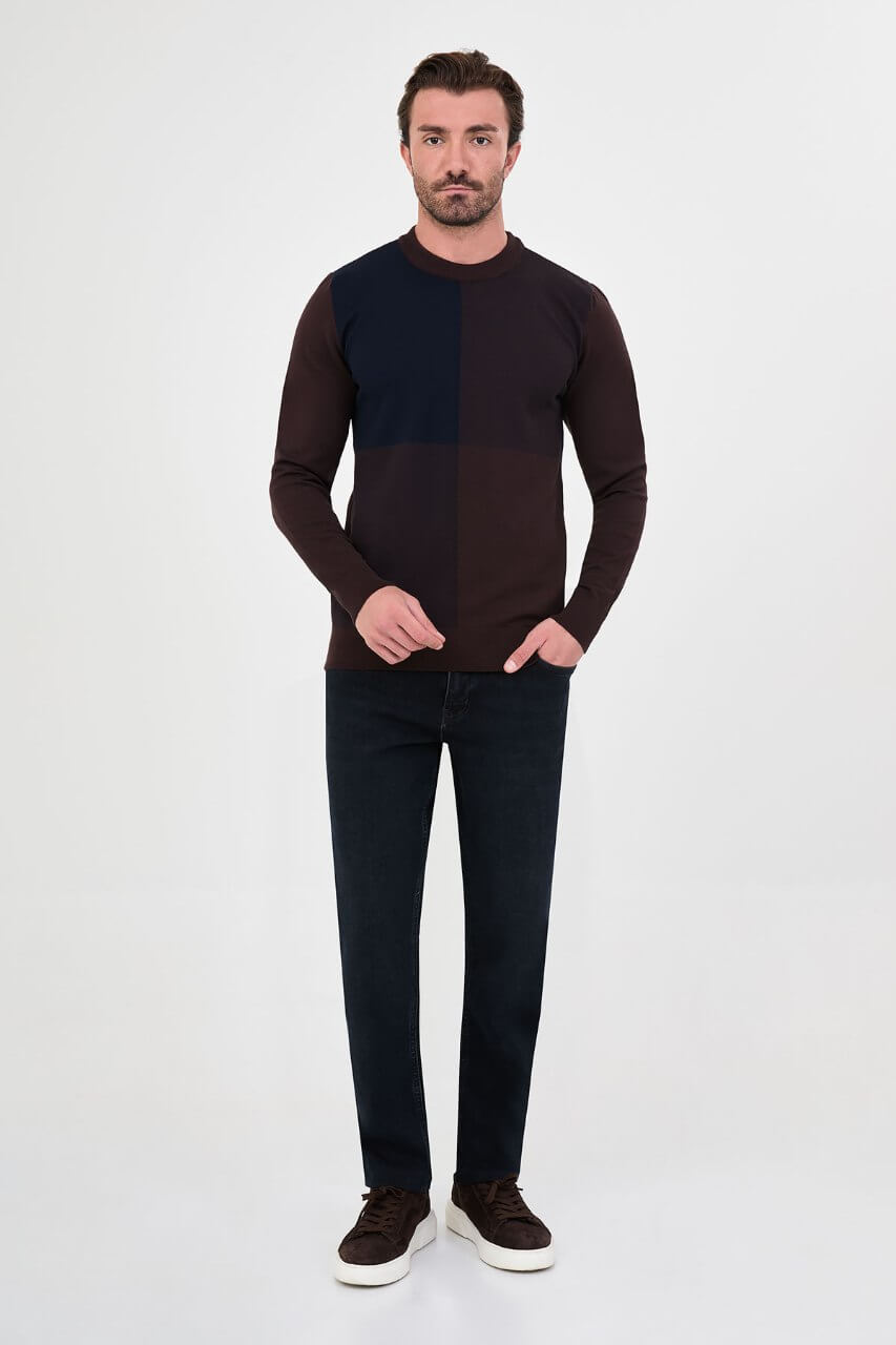Men's brown and navy blue colour-block crew neck sweater by HolloMen.