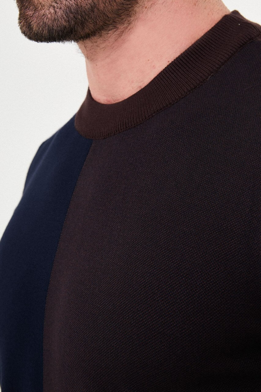 Men's brown and navy blue colour-block crew neck sweater by HolloMen.