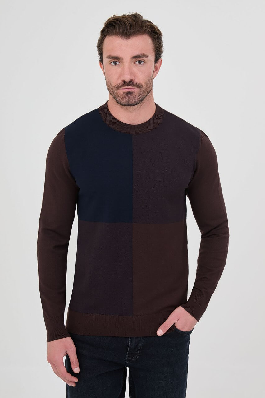 Men's brown and navy blue colour-block crew neck sweater by HolloMen.
