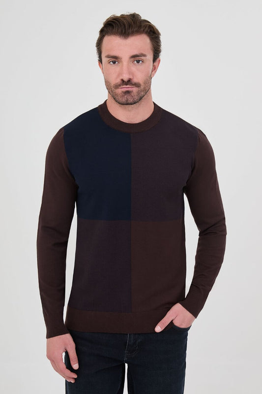 Men's brown and navy blue colour-block crew neck sweater by HolloMen.