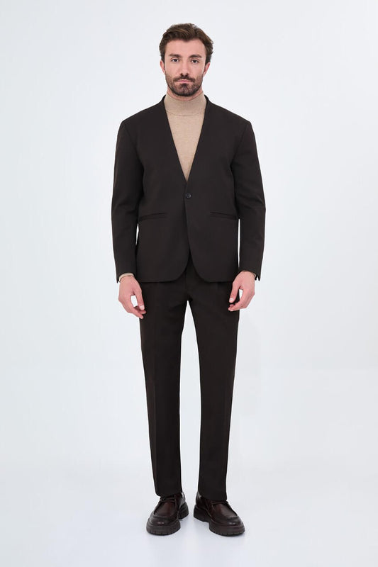Men's brown slim-fit suit featuring a collarless V-neck jacket and single-button fastening.