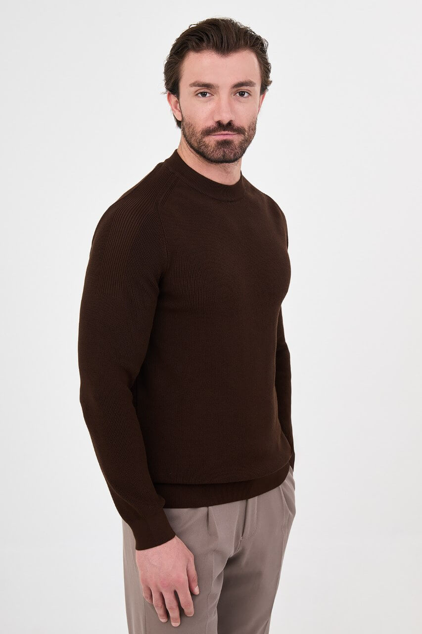 Men’s brown crew neck knit sweater with cotton stretch fabric for fall winter smart casual outfits