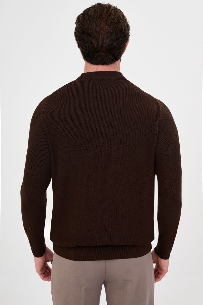 Men’s brown crew neck knit sweater with cotton stretch fabric for fall winter smart casual outfits