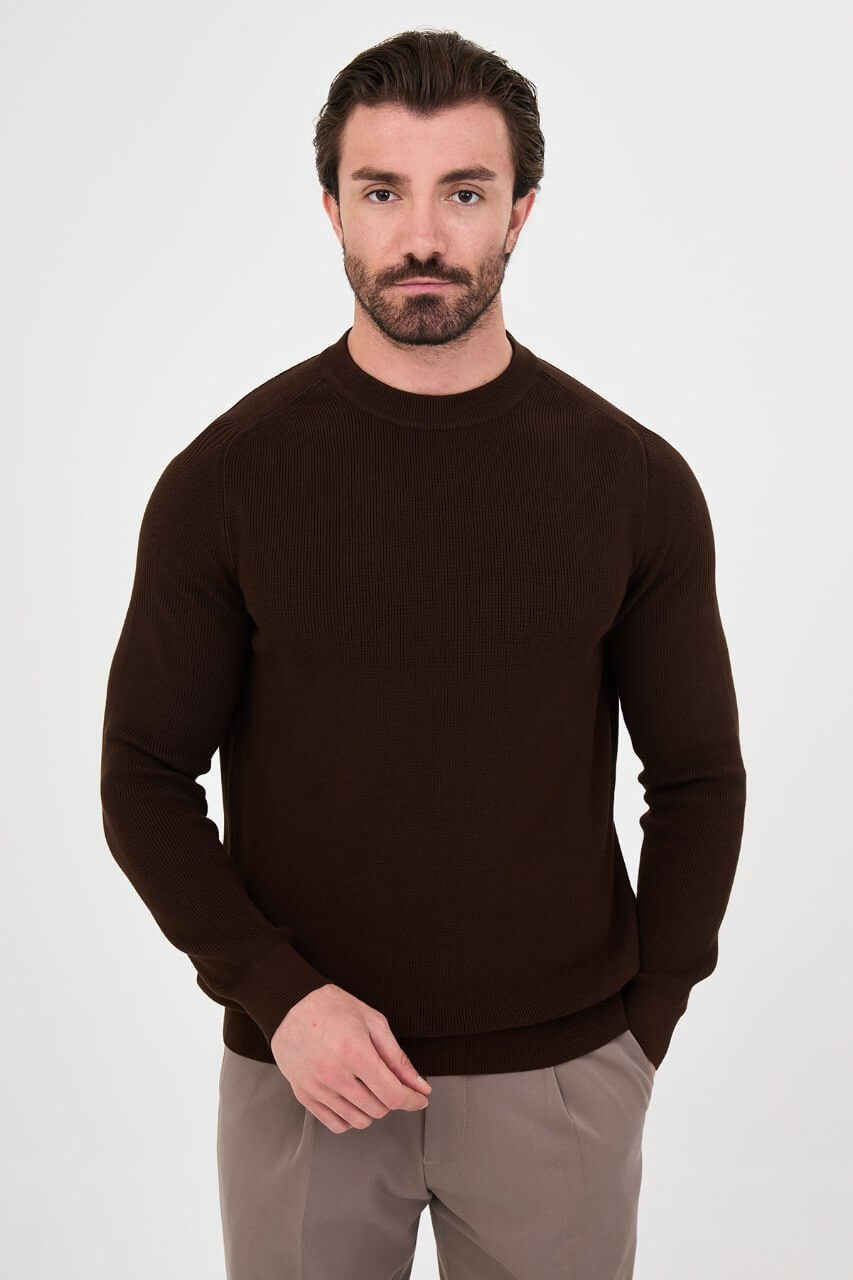Men’s brown crew neck knit sweater with cotton stretch fabric for fall winter smart casual outfits