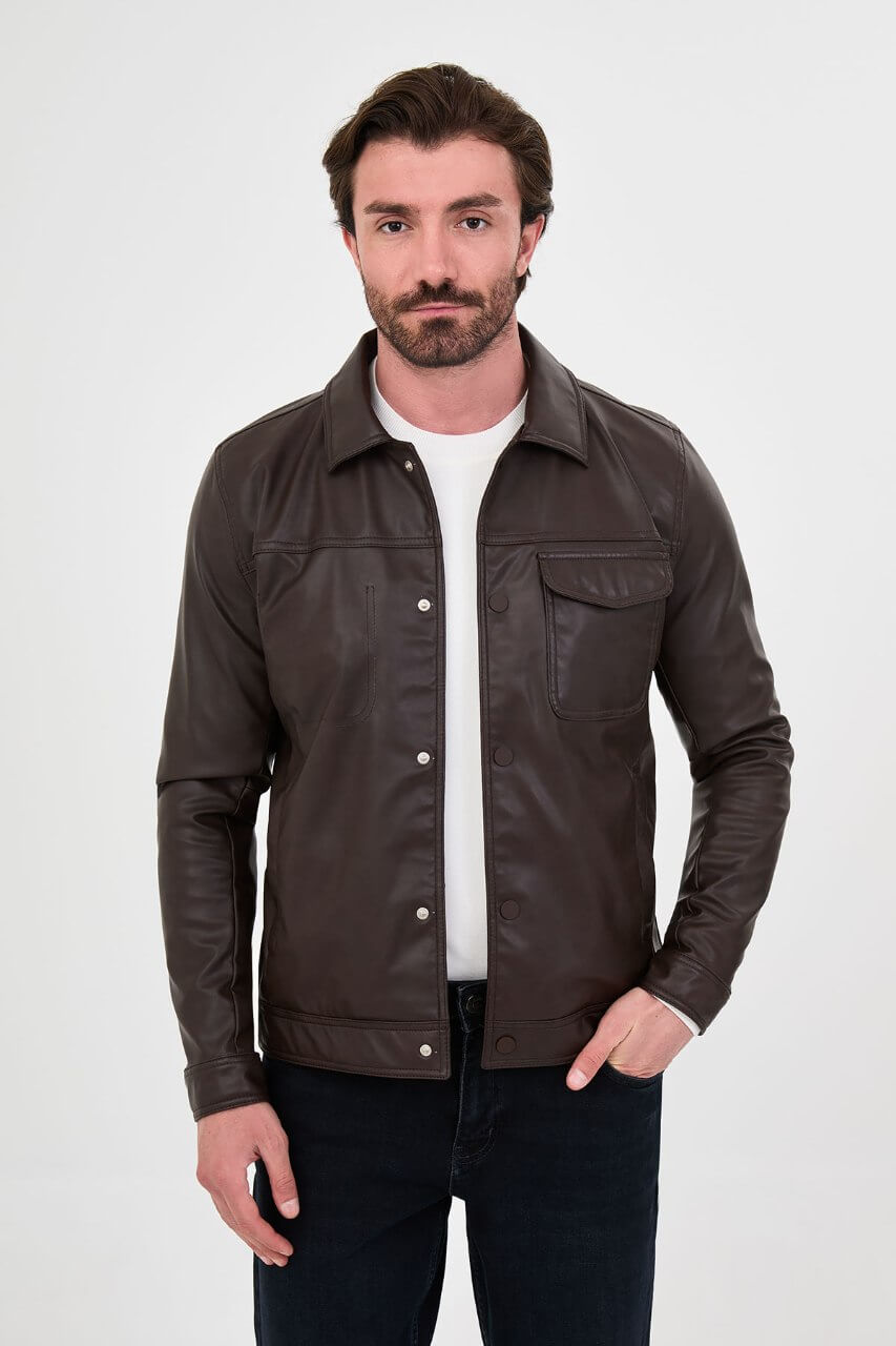 Men's brown faux leather jacket with a classic collar, button-front closure and chest flap pocket.