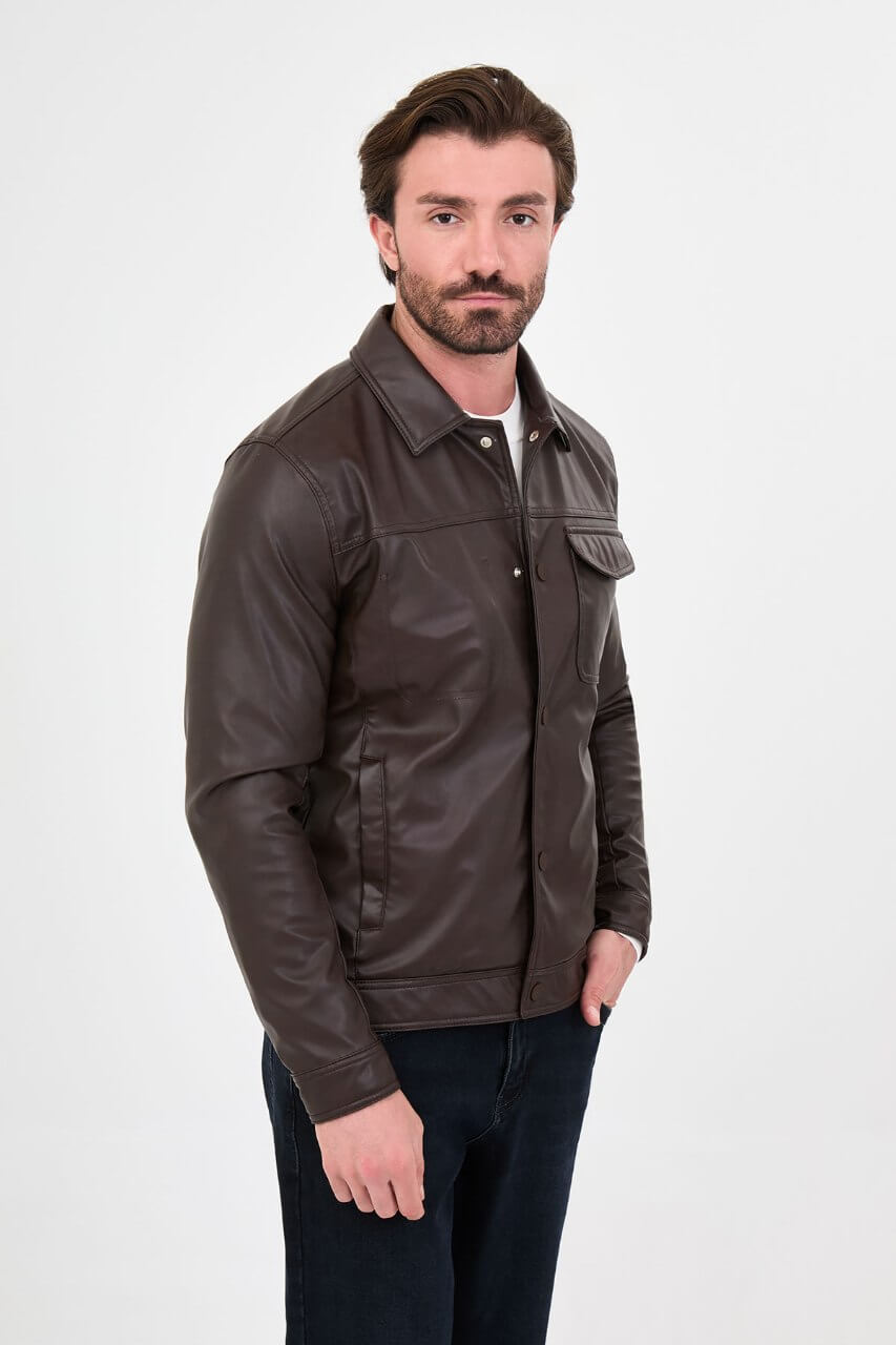Men's brown faux leather jacket with a classic collar, button-front closure and chest flap pocket.