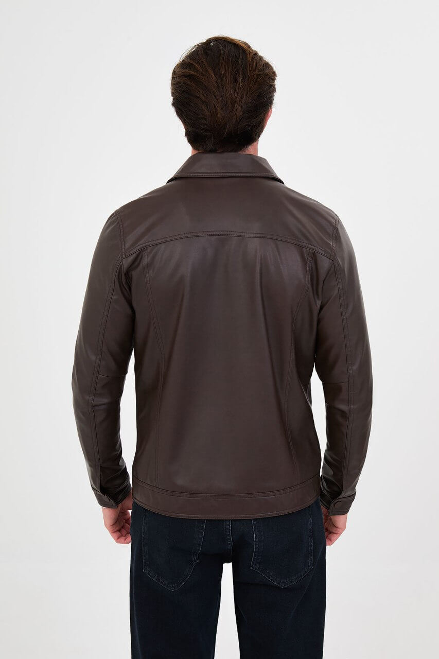 Men's brown faux leather jacket with a classic collar, button-front closure and chest flap pocket.