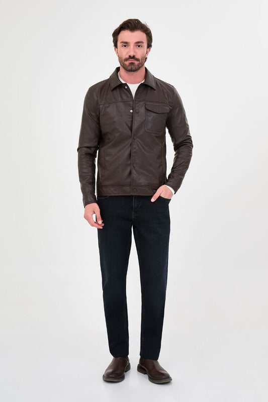 Men's brown faux leather jacket with a classic collar, button-front closure and chest flap pocket.