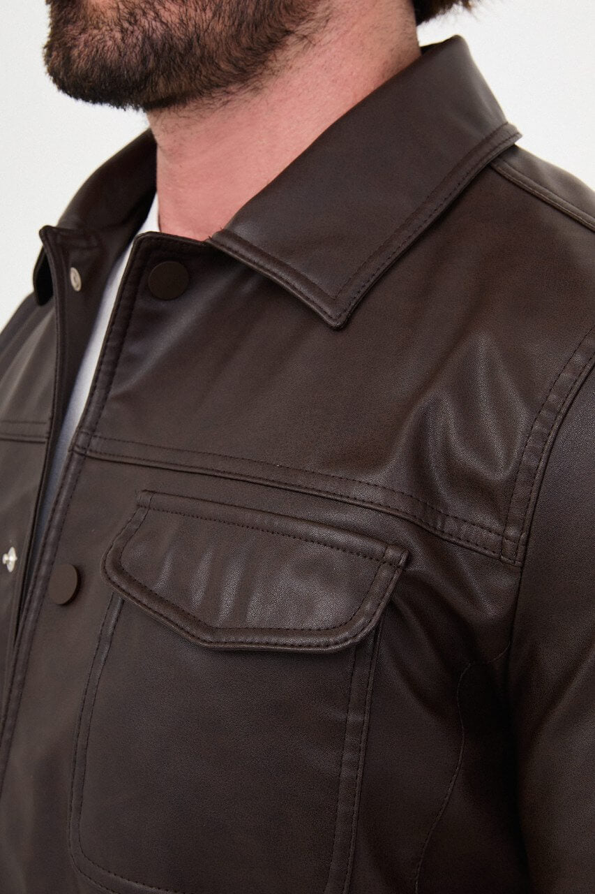 Men's brown faux leather jacket with a classic collar, button-front closure and chest flap pocket.
