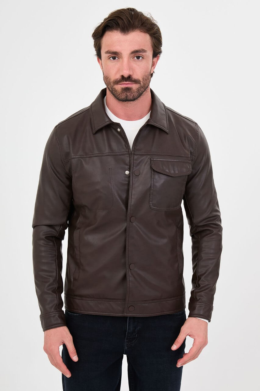 Men's brown faux leather jacket with a classic collar, button-front closure and chest flap pocket.