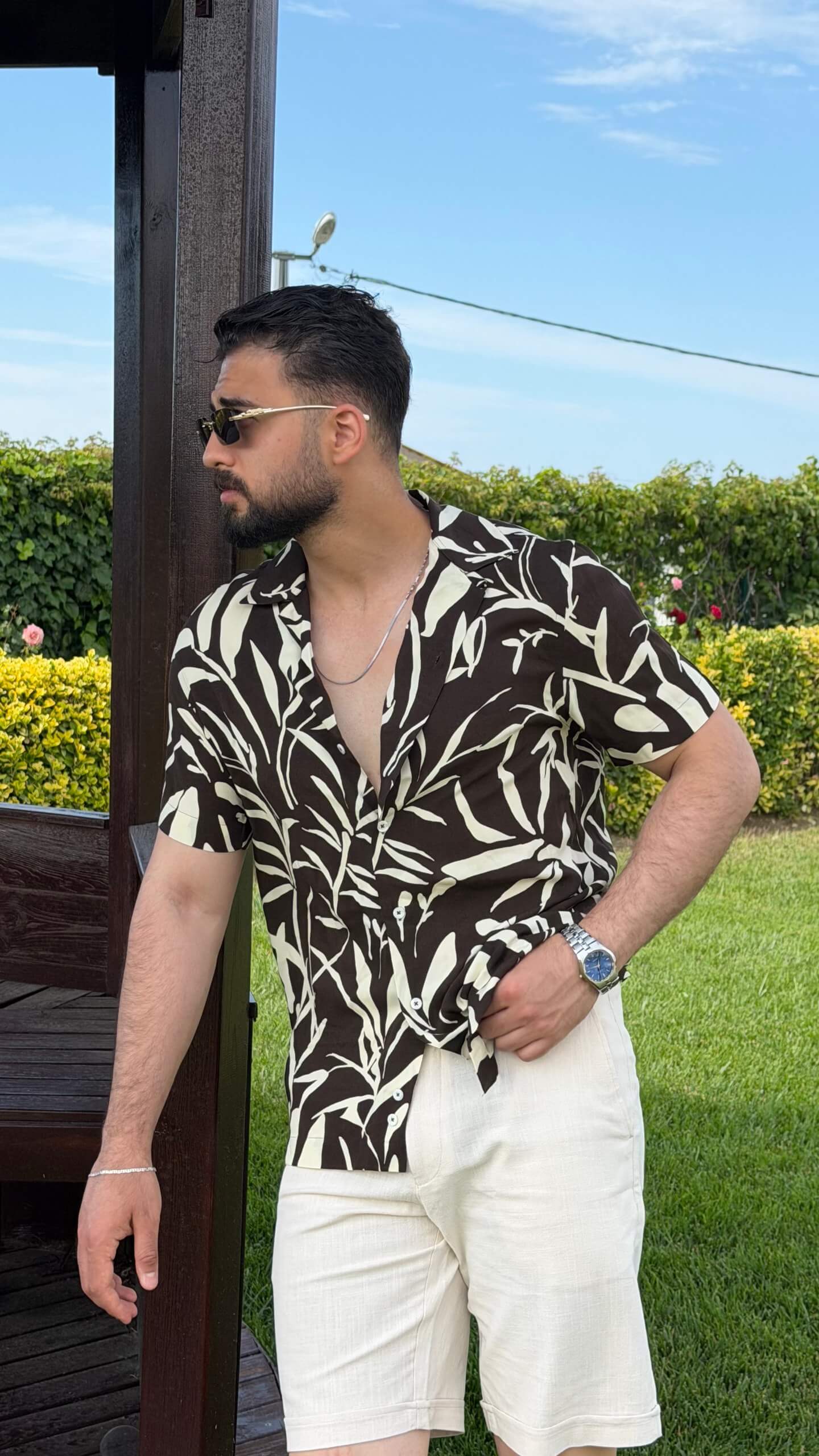 Men’s brown beige floral print short sleeve shirt with lightweight viscose fabric, button-front design, and summer casual style.