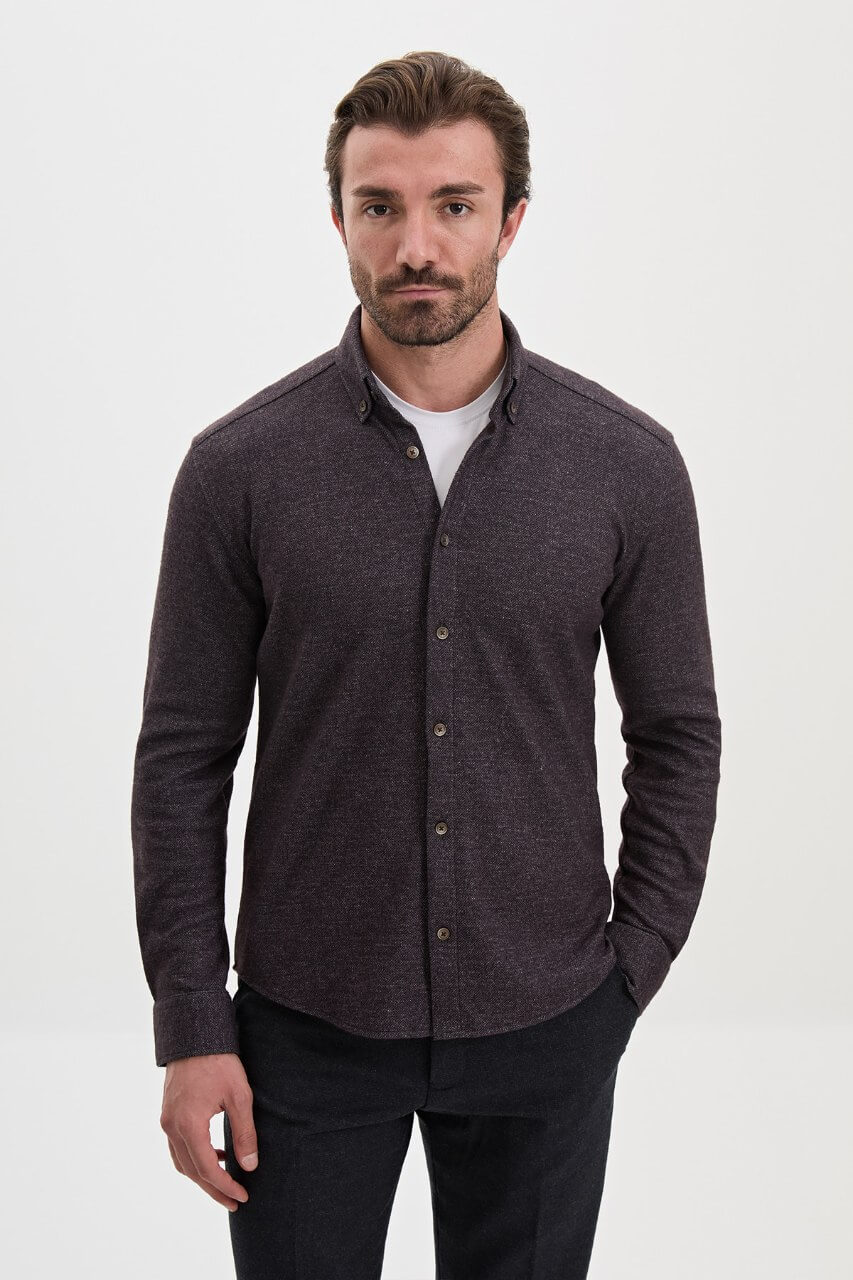 Men's brown wool-blend knit shirt featuring a button-down collar, long sleeves and a slim-fit silhouette