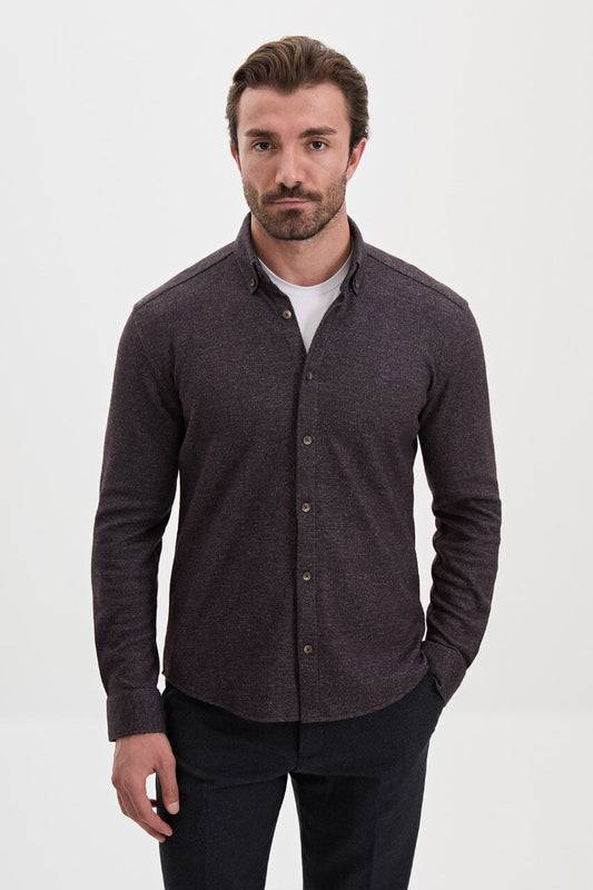 Men's brown wool-blend knit shirt featuring a button-down collar, long sleeves and a slim-fit silhouette