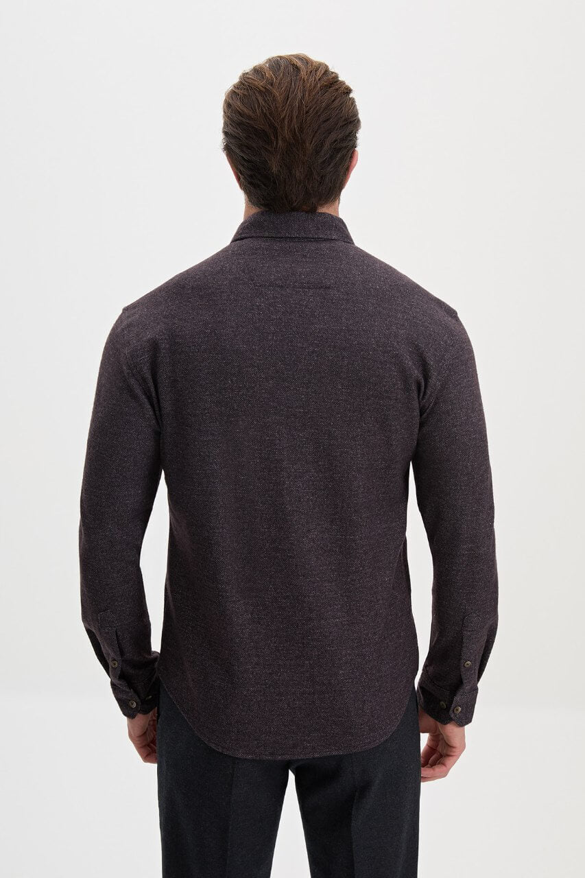 Men's brown wool-blend knit shirt featuring a button-down collar, long sleeves and a slim-fit silhouette