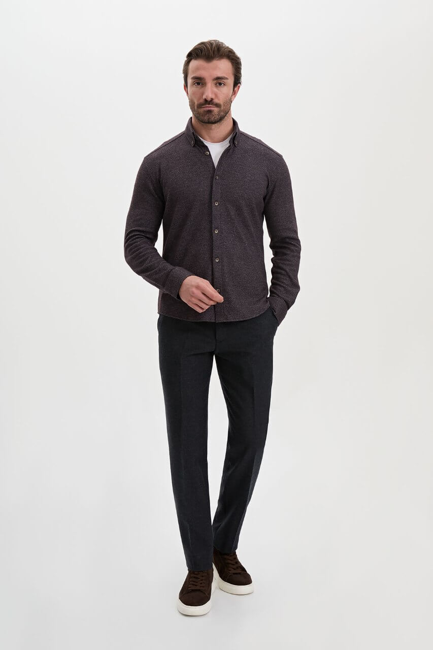 Men's brown wool-blend knit shirt featuring a button-down collar, long sleeves and a slim-fit silhouette