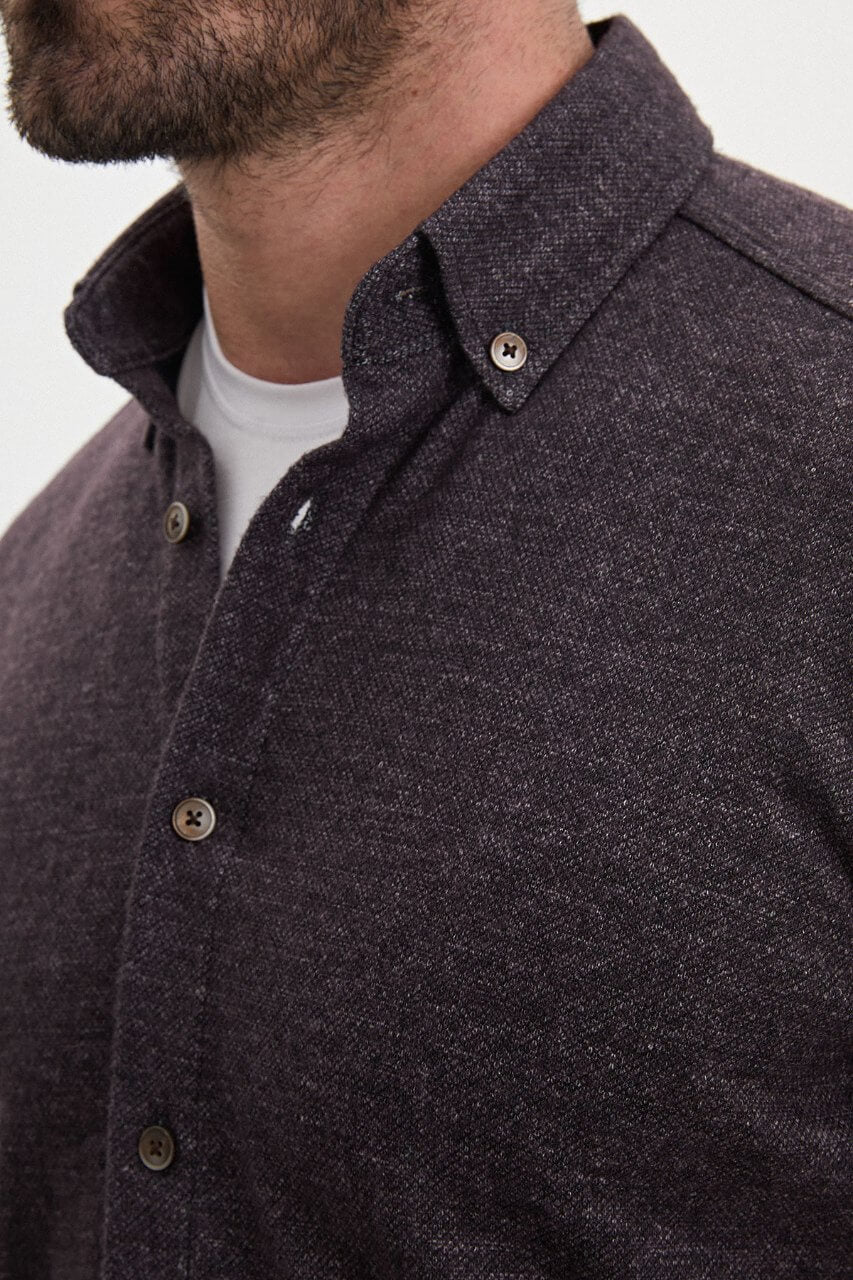 Men's brown wool-blend knit shirt featuring a button-down collar, long sleeves and a slim-fit silhouette