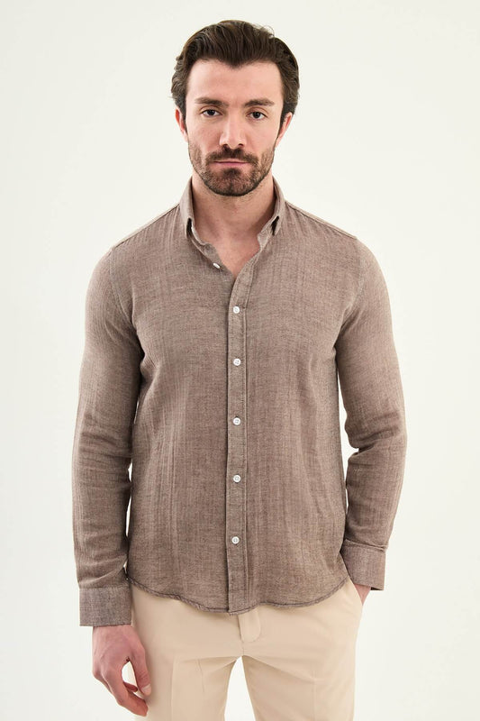 Men’s brown linen shirt, slim fit linen shirt, summer men’s shirt, breathable long sleeve shirt, smart casual linen shirt, lightweight cotton linen shirt