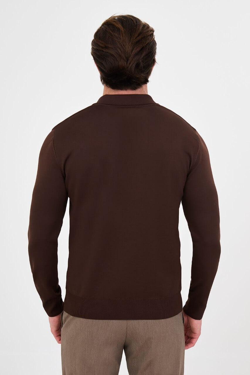 Men's brown long-sleeve knit polo shirt with three-button placket by HolloMen.