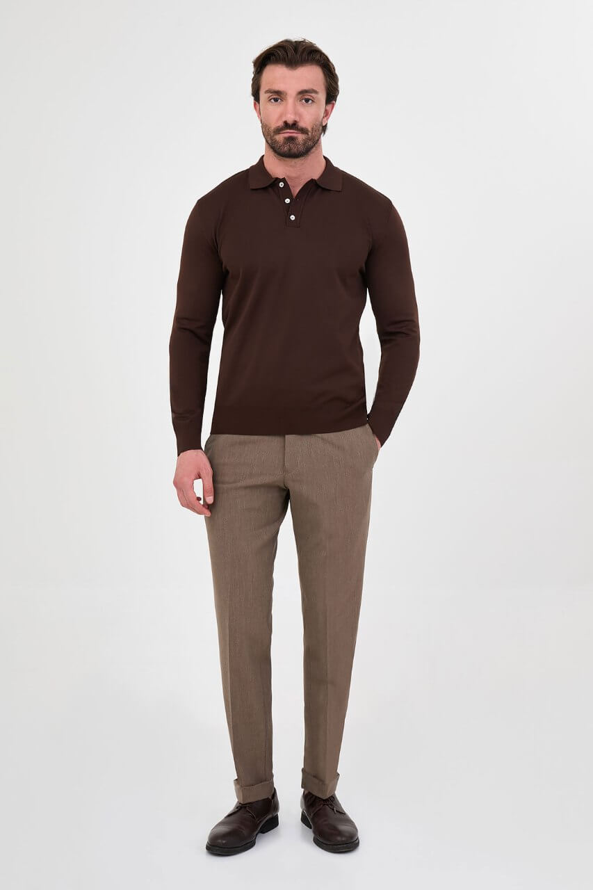 Men's brown long-sleeve knit polo shirt with three-button placket by HolloMen.