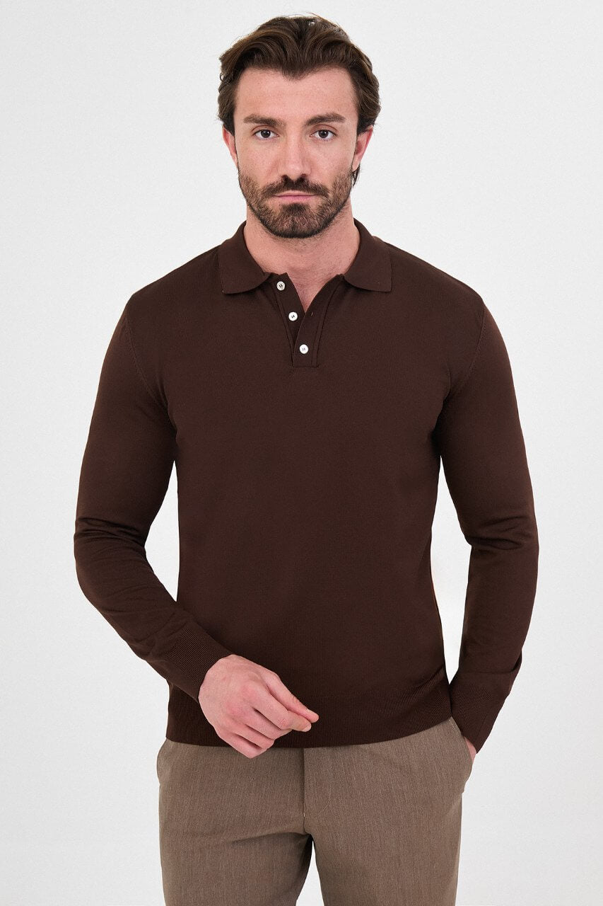 Men's brown long-sleeve knit polo shirt with three-button placket by HolloMen.