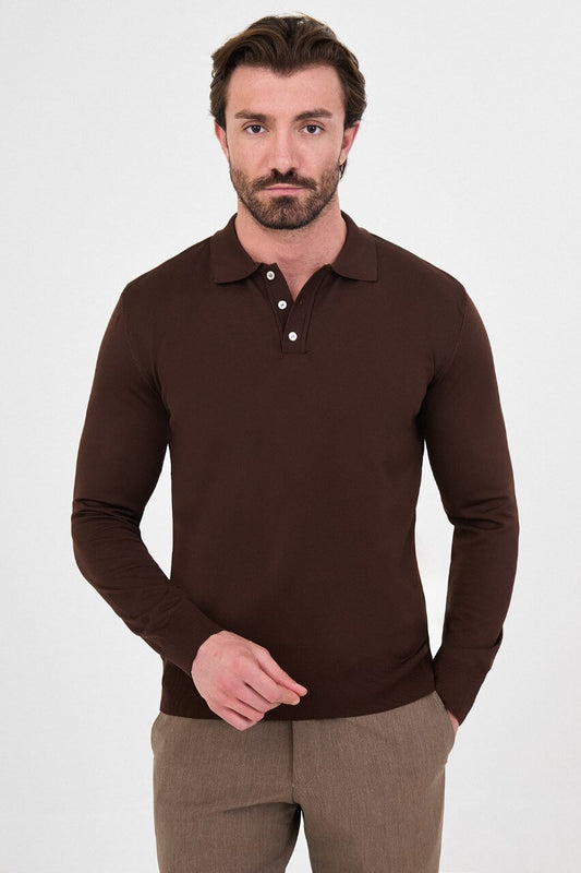 Men's brown long-sleeve knit polo shirt with three-button placket by HolloMen.