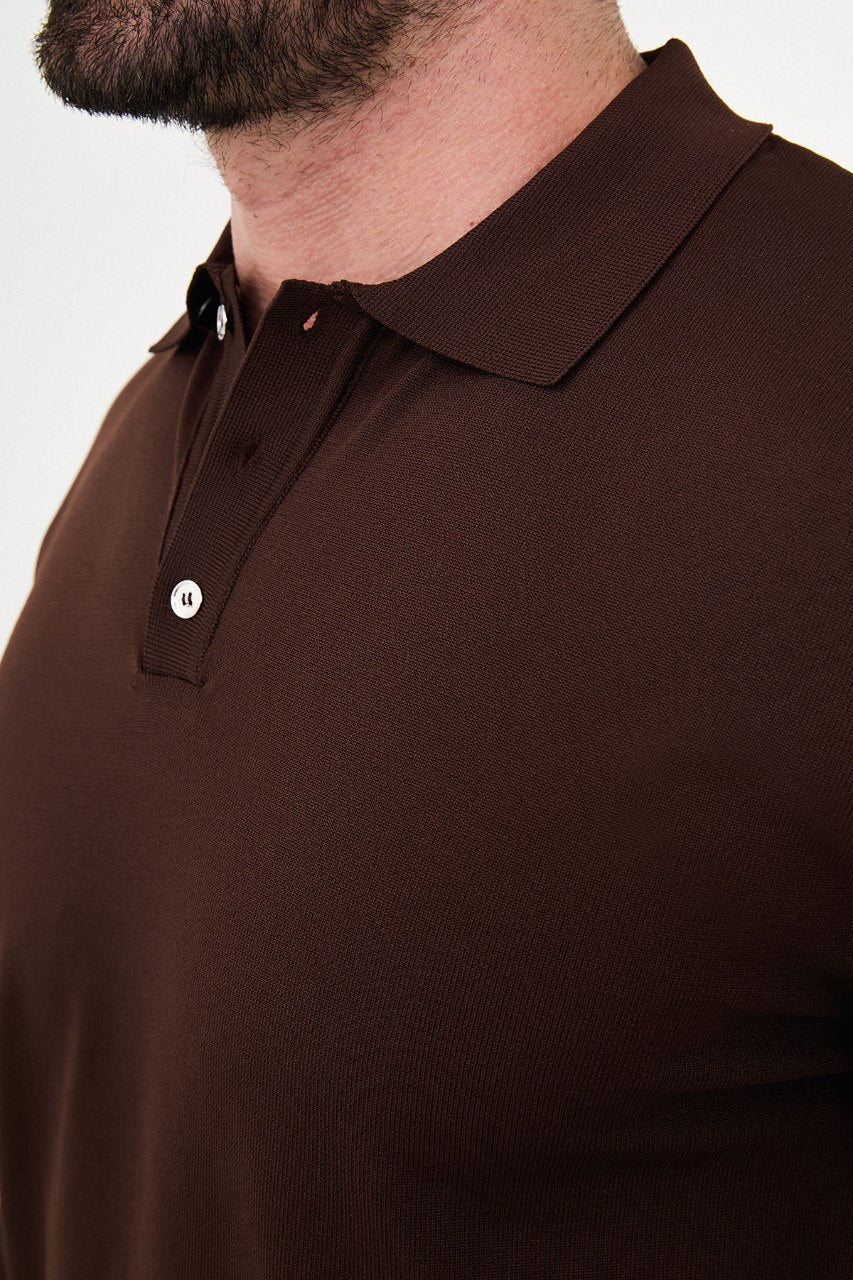 Men's brown long-sleeve knit polo shirt with three-button placket by HolloMen.
