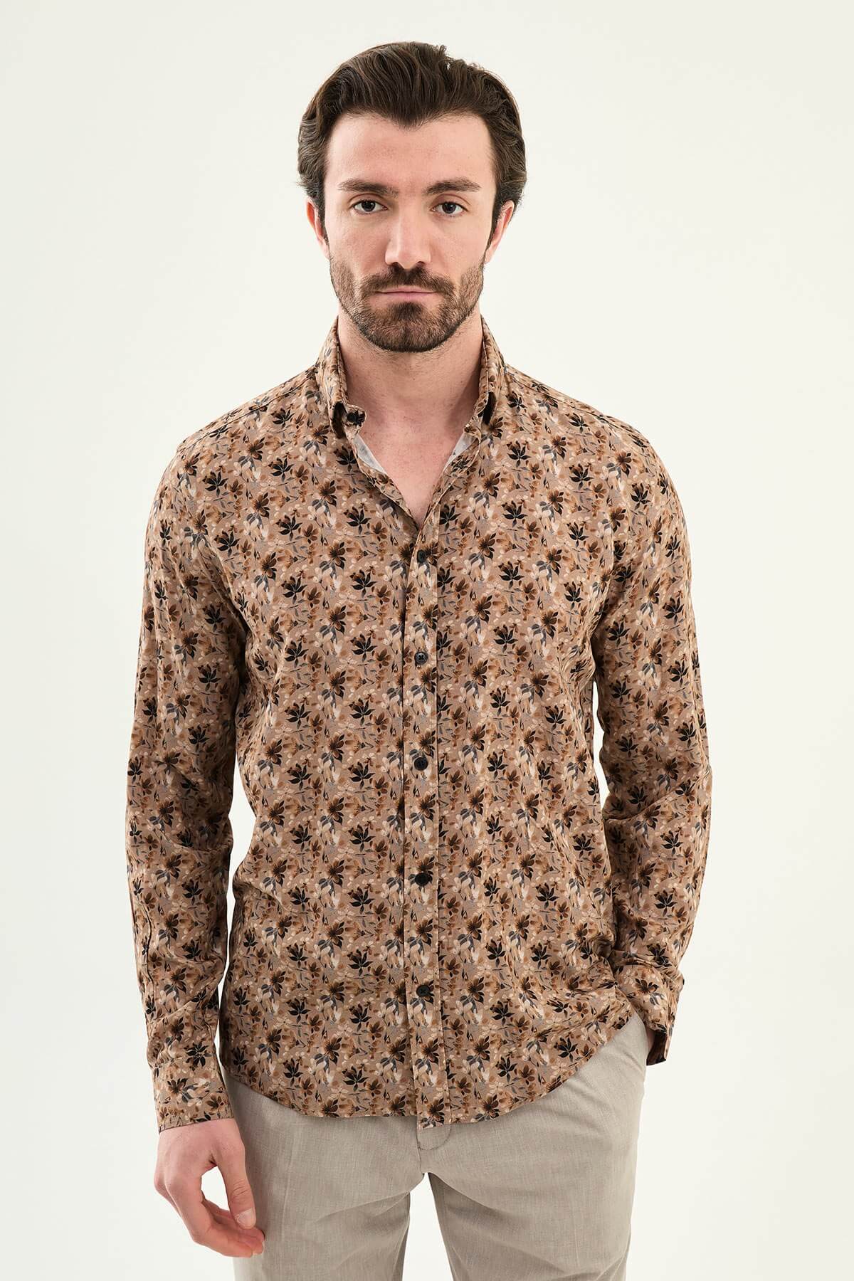 Brown slim-fit long-sleeve men’s shirt with all-over subtle pattern, structured collar, and buttoned cuffs.
