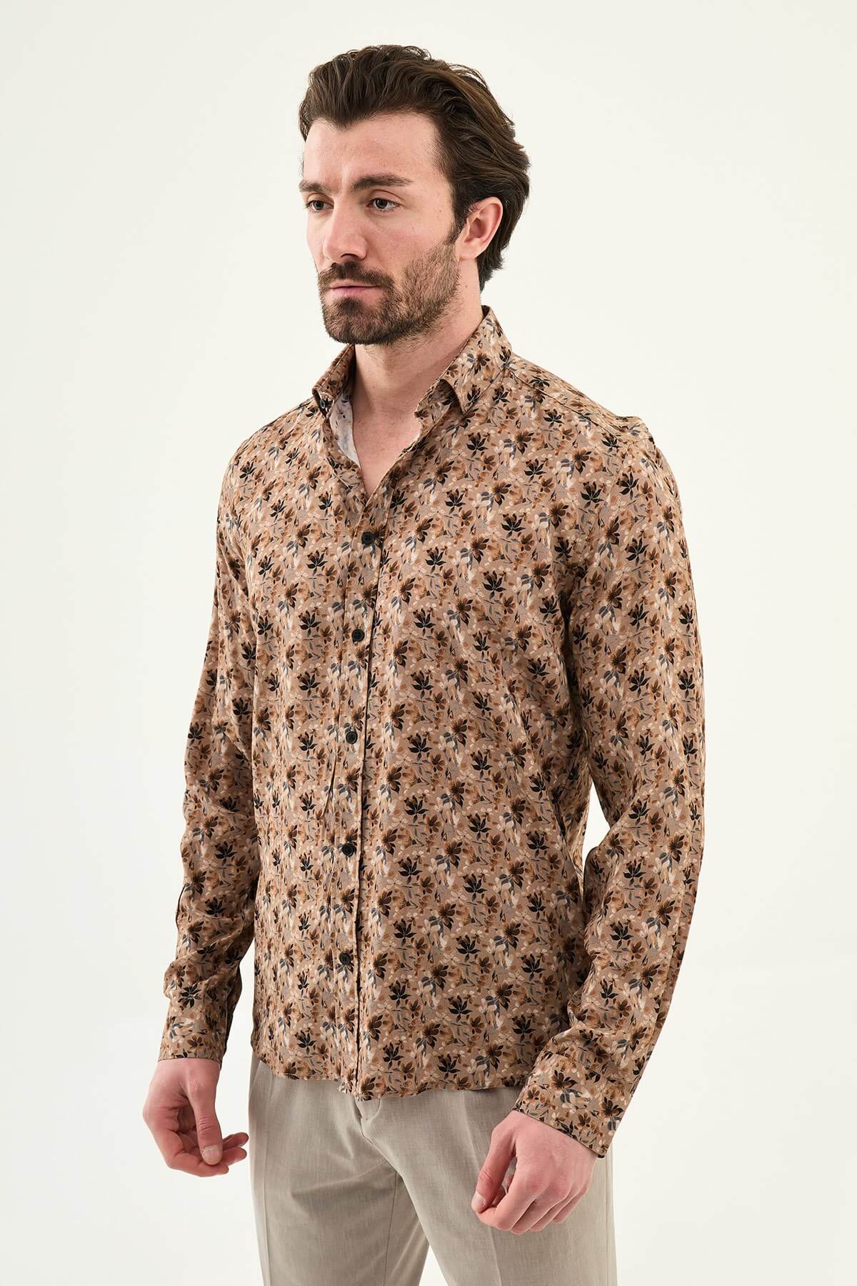 Brown slim-fit long-sleeve men’s shirt with all-over subtle pattern, structured collar, and buttoned cuffs.