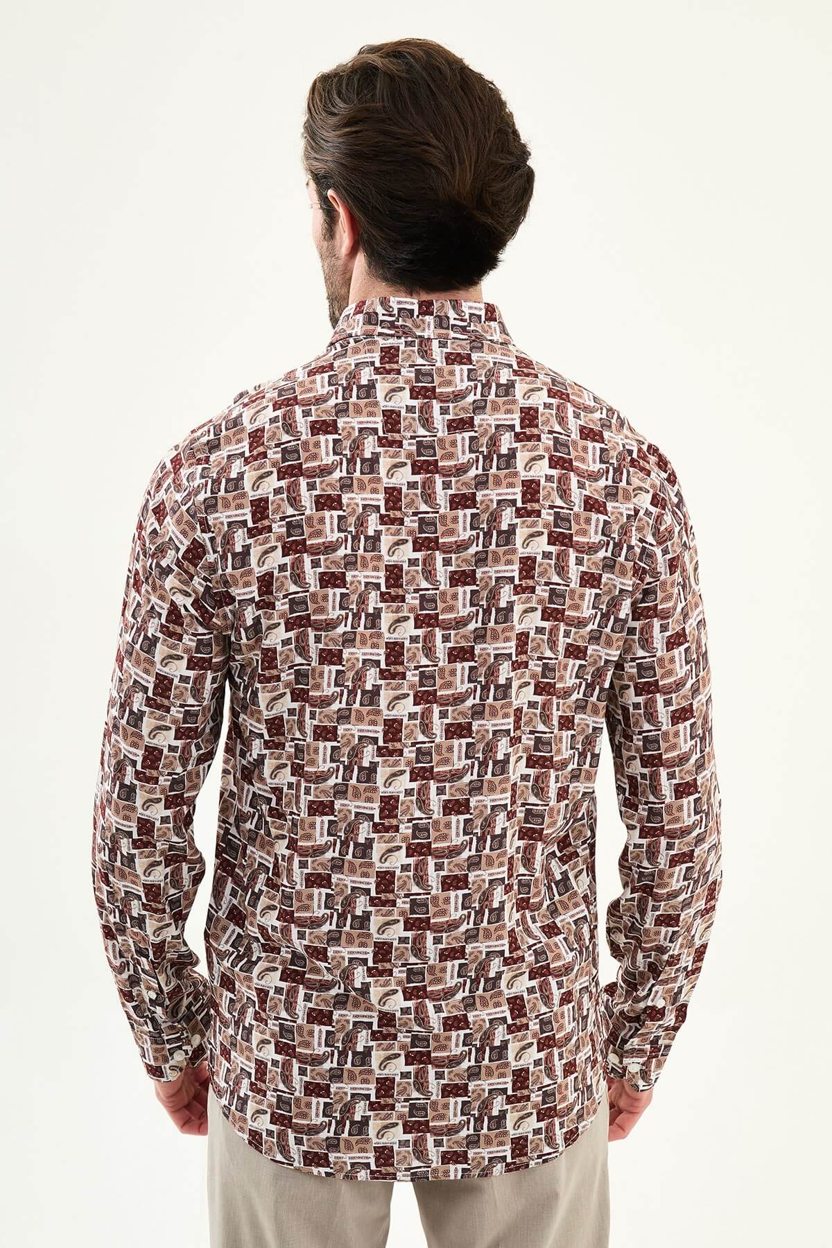 Men’s brown patterned slim fit long sleeve shirt with geometric paisley print and modern smart casual design